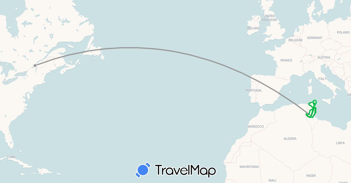 TravelMap itinerary: driving, bus, plane in Canada, Tunisia (Africa, North America)